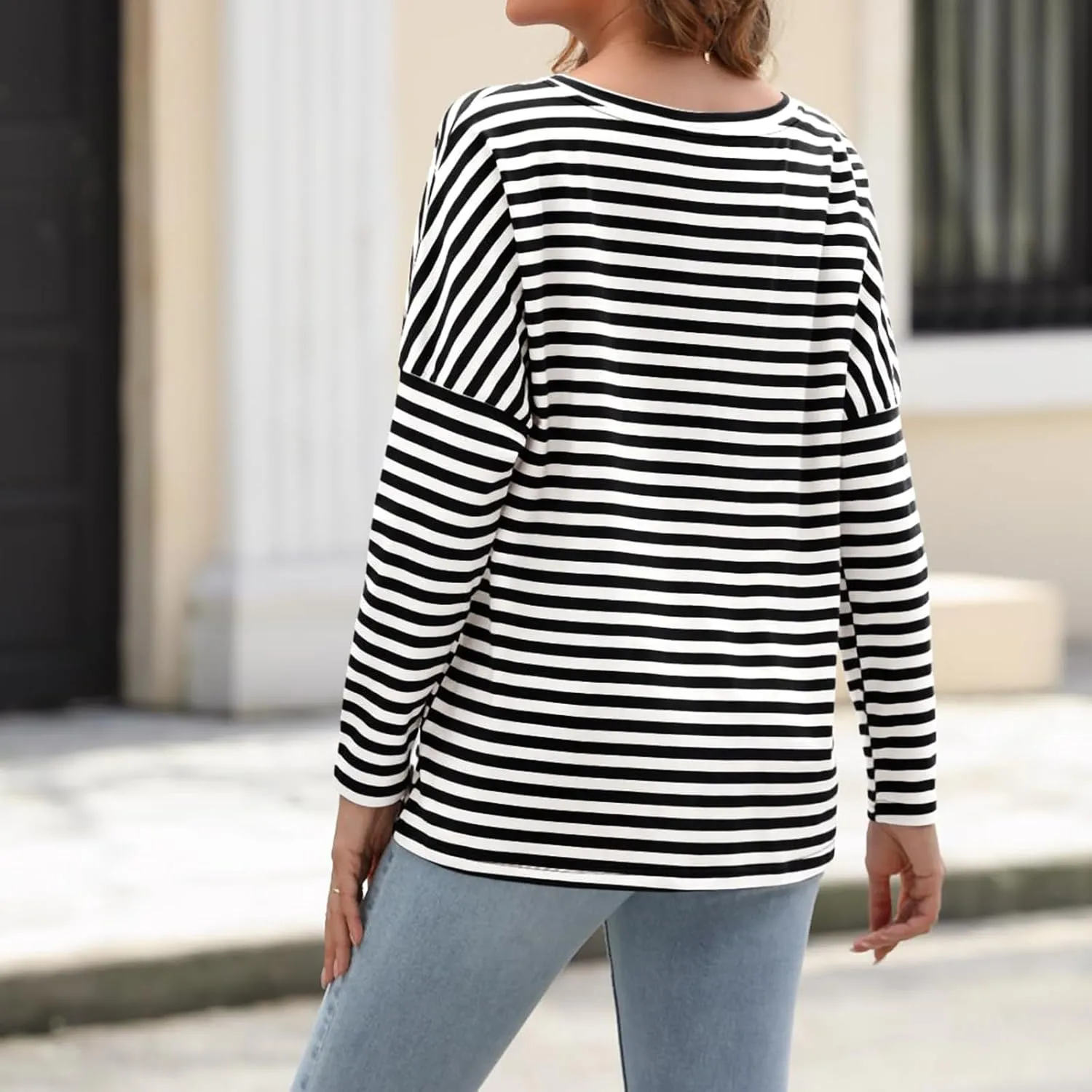 Womens Oversized T Shirts Striped Long Sleeve Crew Neck Casual Loose fit Fall Fashion Tops Basic Tunic tees 2024