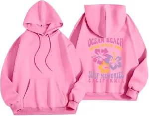Women's Pink Graphic Hoodie 2024 Fall Winter Cute Preppy Sweatshirt Long Sleeve Drawstring Pullover Tops with Pocket