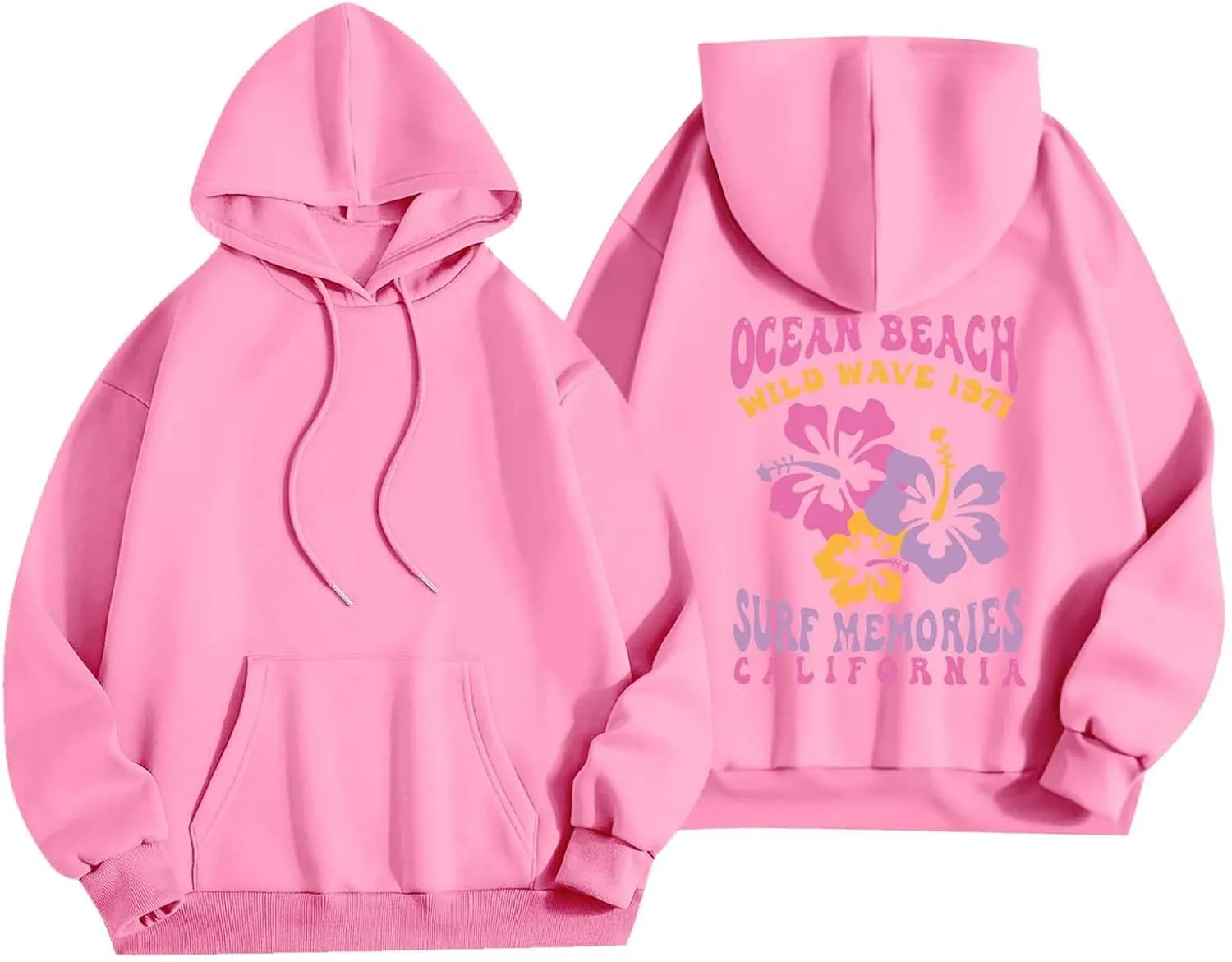 Women's Pink Graphic Hoodie 2024 Fall Winter Cute Preppy Sweatshirt Long Sleeve Drawstring Pullover Tops with Pocket