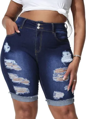 Womens Plus Size Jean Shorts Stretchy High Waisted Ripped Roll Hem Denim Bermuda Shorts 10" Inseam