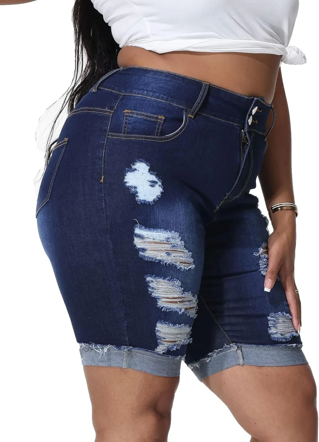 Womens Plus Size Jean Shorts Stretchy High Waisted Ripped Roll Hem Denim Bermuda Shorts 10" Inseam