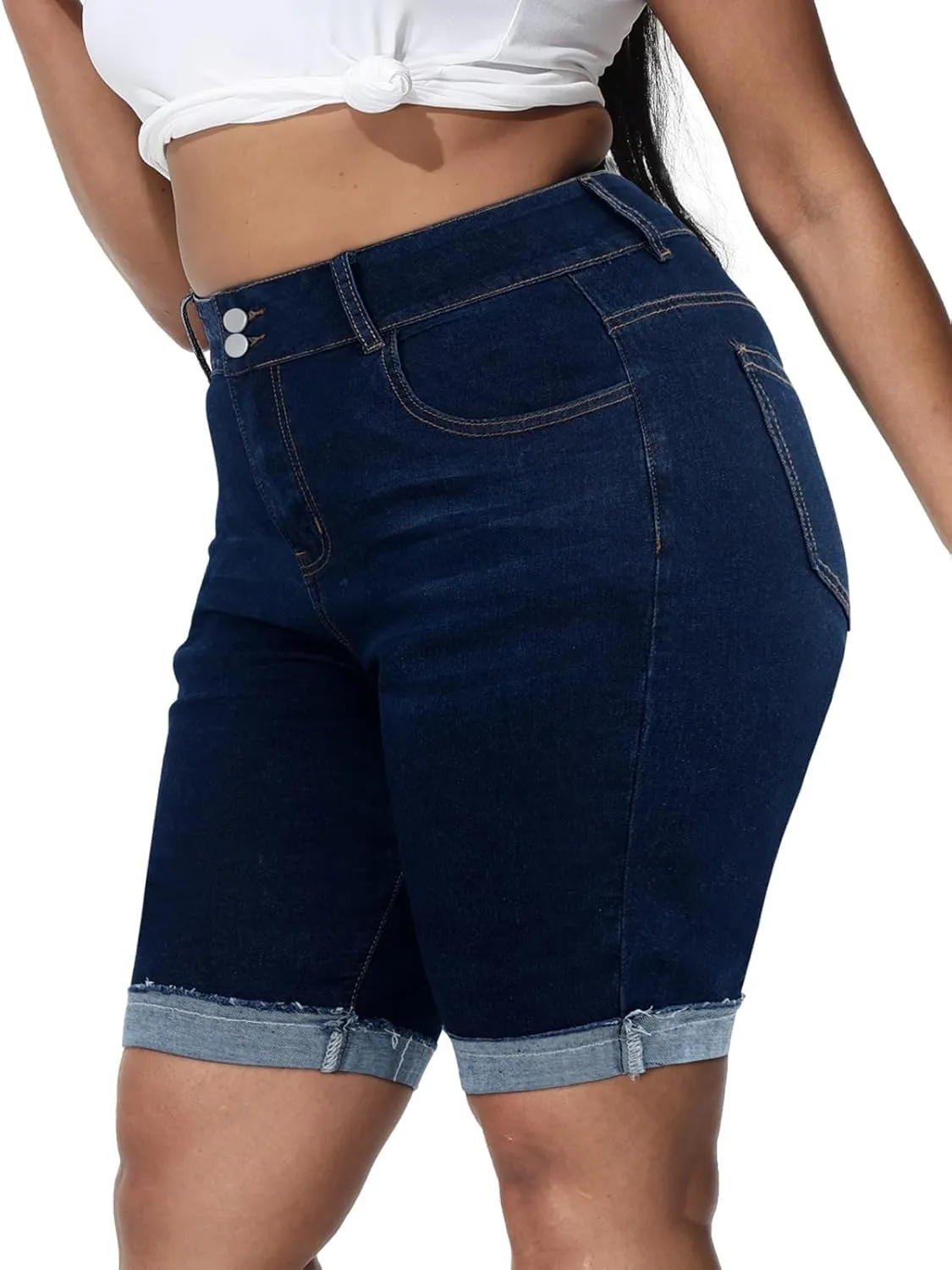 Womens Plus Size Jean Shorts Stretchy High Waisted Ripped Roll Hem Denim Bermuda Shorts 10" Inseam