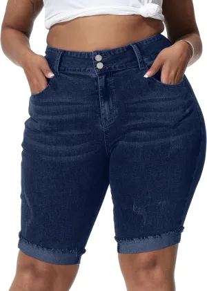 Womens Plus Size Jean Shorts Stretchy High Waisted Ripped Roll Hem Denim Bermuda Shorts 10" Inseam