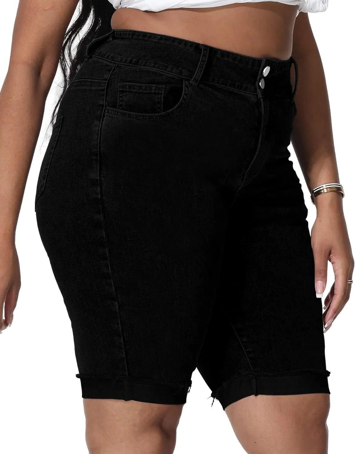Womens Plus Size Jean Shorts Stretchy High Waisted Ripped Roll Hem Denim Bermuda Shorts 10" Inseam