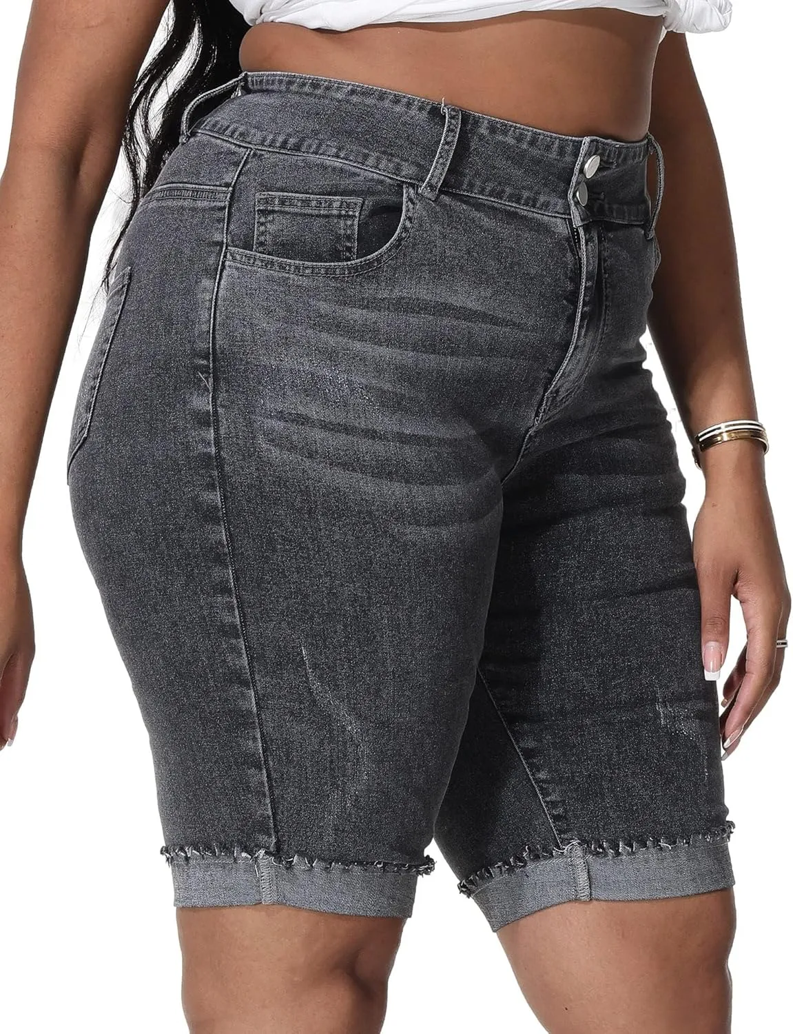 Womens Plus Size Jean Shorts Stretchy High Waisted Ripped Roll Hem Denim Bermuda Shorts 10" Inseam