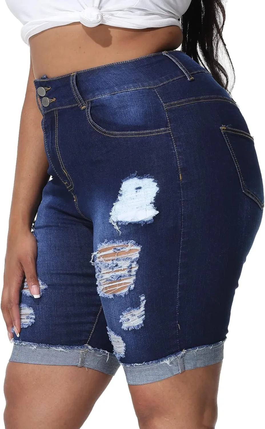 Womens Plus Size Jean Shorts Stretchy High Waisted Ripped Roll Hem Denim Bermuda Shorts 10" Inseam