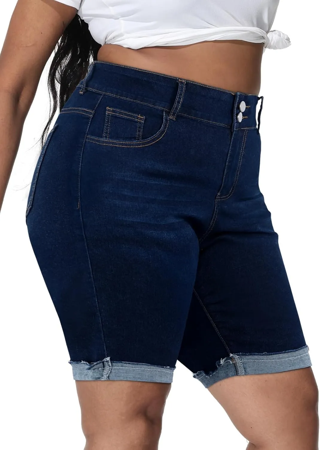 Womens Plus Size Jean Shorts Stretchy High Waisted Ripped Roll Hem Denim Bermuda Shorts 10" Inseam