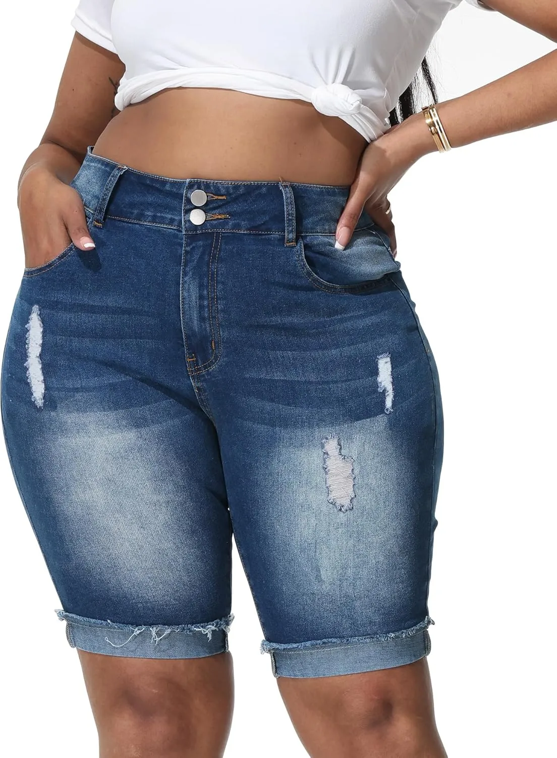 Womens Plus Size Jean Shorts Stretchy High Waisted Ripped Roll Hem Denim Bermuda Shorts 10" Inseam