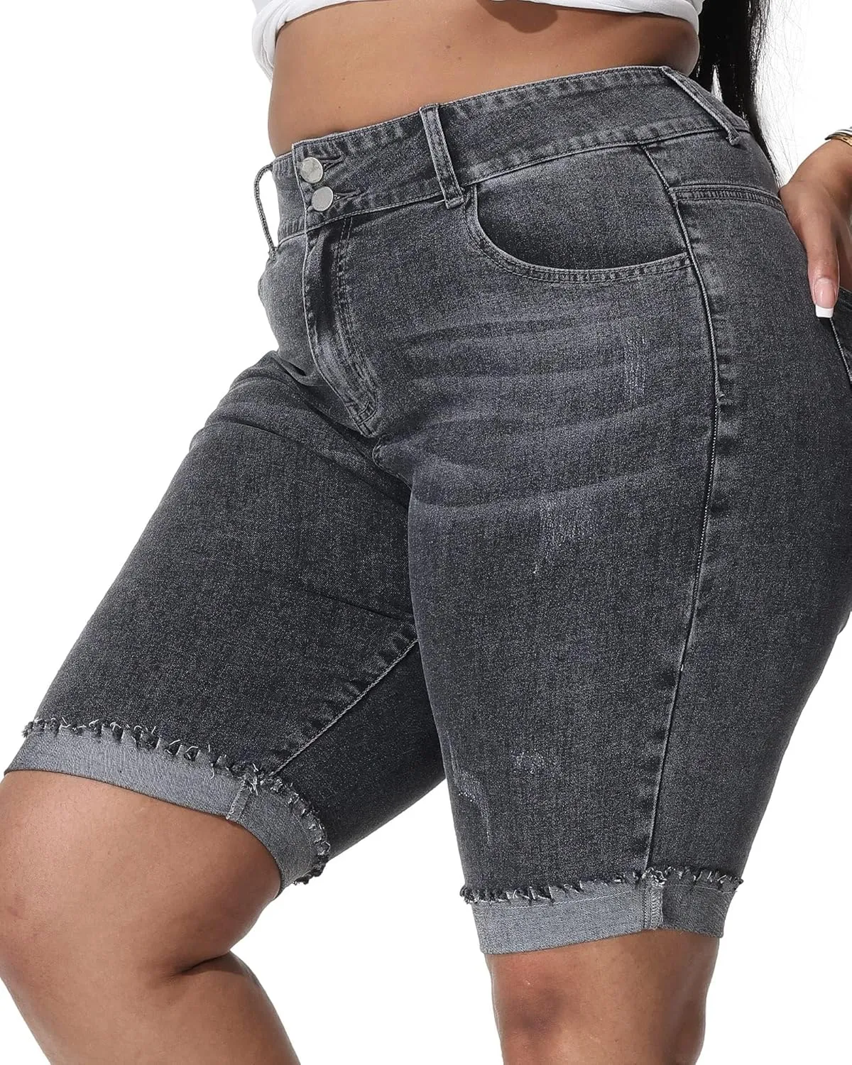 Womens Plus Size Jean Shorts Stretchy High Waisted Ripped Roll Hem Denim Bermuda Shorts 10" Inseam