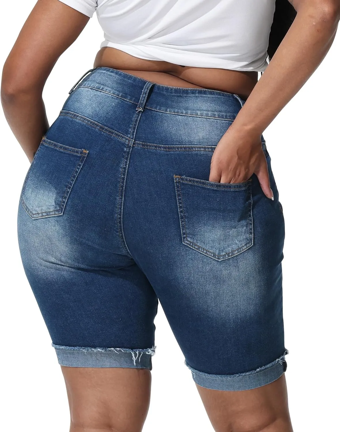 Womens Plus Size Jean Shorts Stretchy High Waisted Ripped Roll Hem Denim Bermuda Shorts 10" Inseam