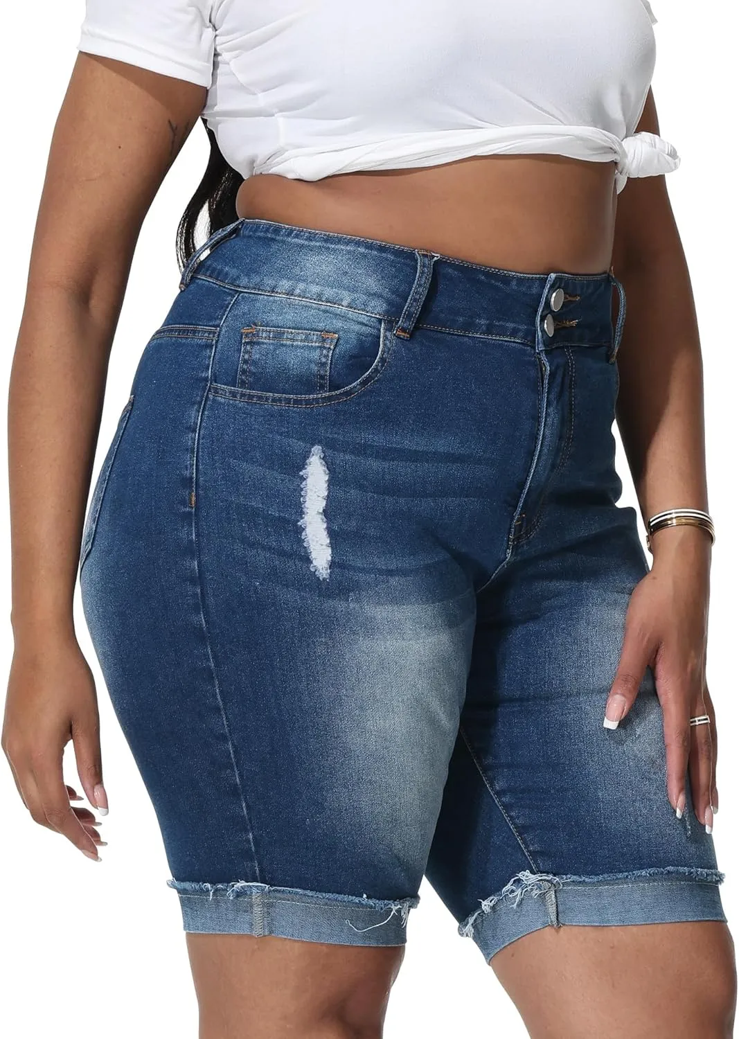 Womens Plus Size Jean Shorts Stretchy High Waisted Ripped Roll Hem Denim Bermuda Shorts 10" Inseam