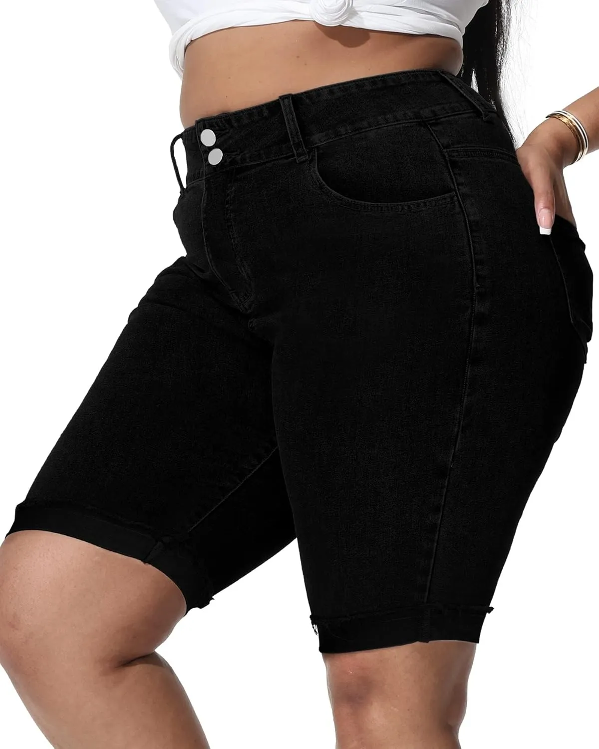 Womens Plus Size Jean Shorts Stretchy High Waisted Ripped Roll Hem Denim Bermuda Shorts 10" Inseam