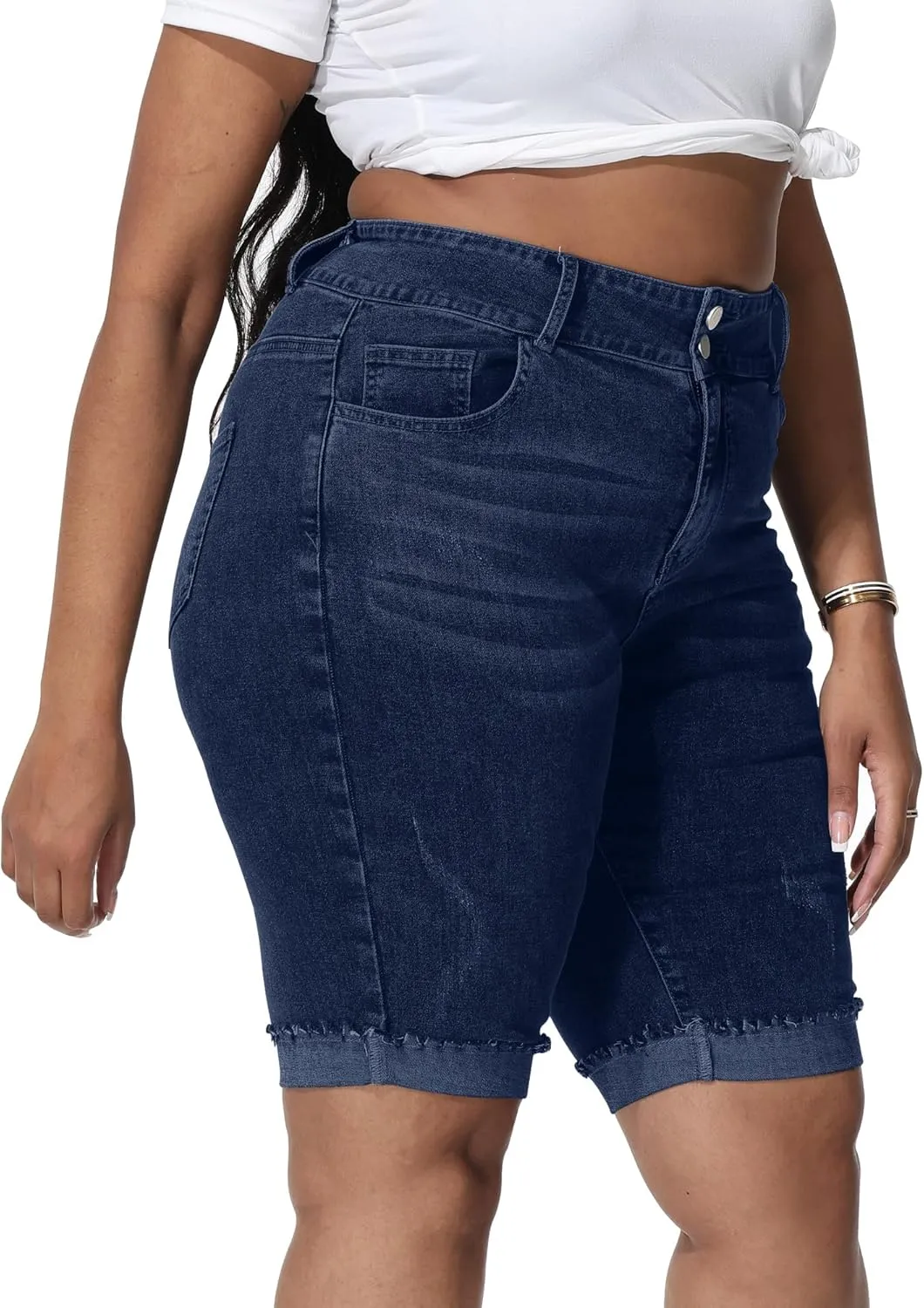 Womens Plus Size Jean Shorts Stretchy High Waisted Ripped Roll Hem Denim Bermuda Shorts 10" Inseam