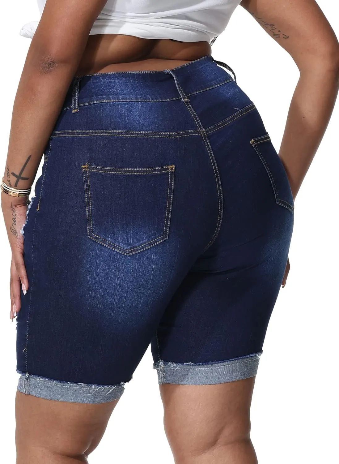 Womens Plus Size Jean Shorts Stretchy High Waisted Ripped Roll Hem Denim Bermuda Shorts 10" Inseam