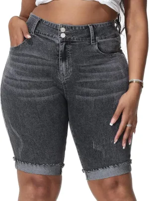 Womens Plus Size Jean Shorts Stretchy High Waisted Ripped Roll Hem Denim Bermuda Shorts 10" Inseam