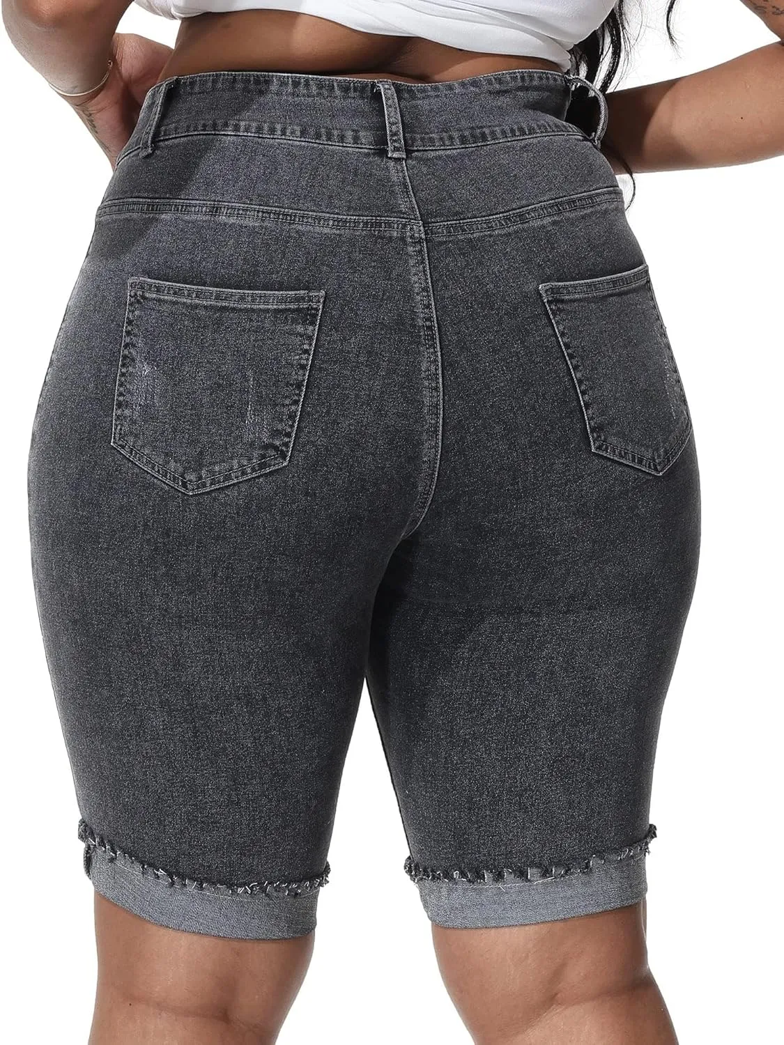 Womens Plus Size Jean Shorts Stretchy High Waisted Ripped Roll Hem Denim Bermuda Shorts 10" Inseam