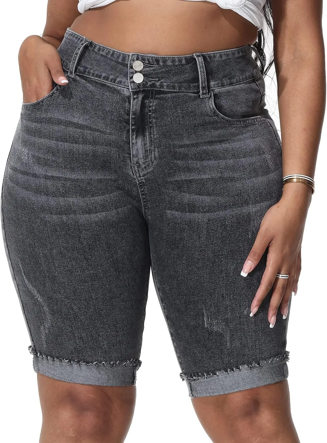Womens Plus Size Jean Shorts Stretchy High Waisted Ripped Roll Hem Denim Bermuda Shorts 10" Inseam