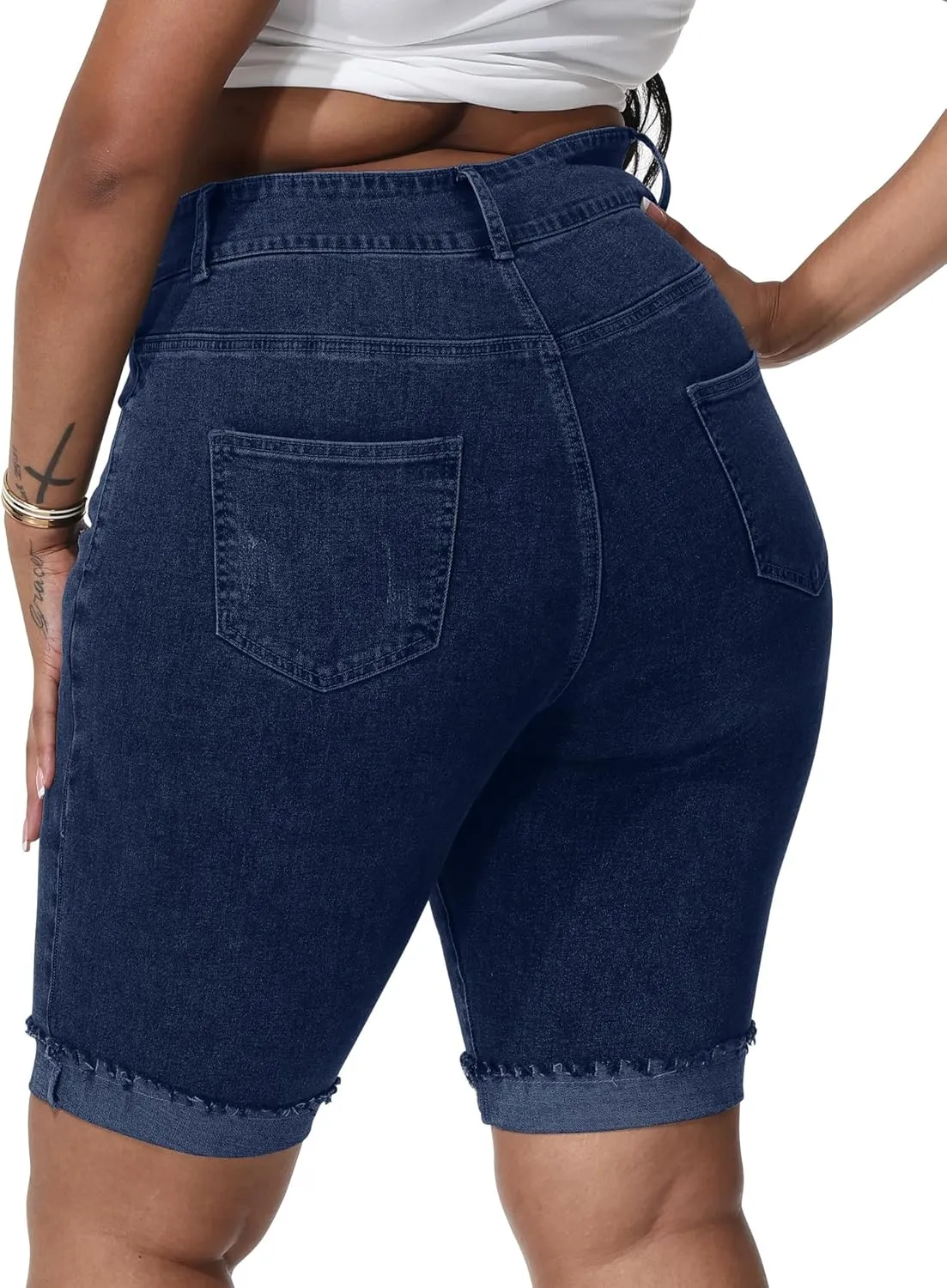 Womens Plus Size Jean Shorts Stretchy High Waisted Ripped Roll Hem Denim Bermuda Shorts 10" Inseam