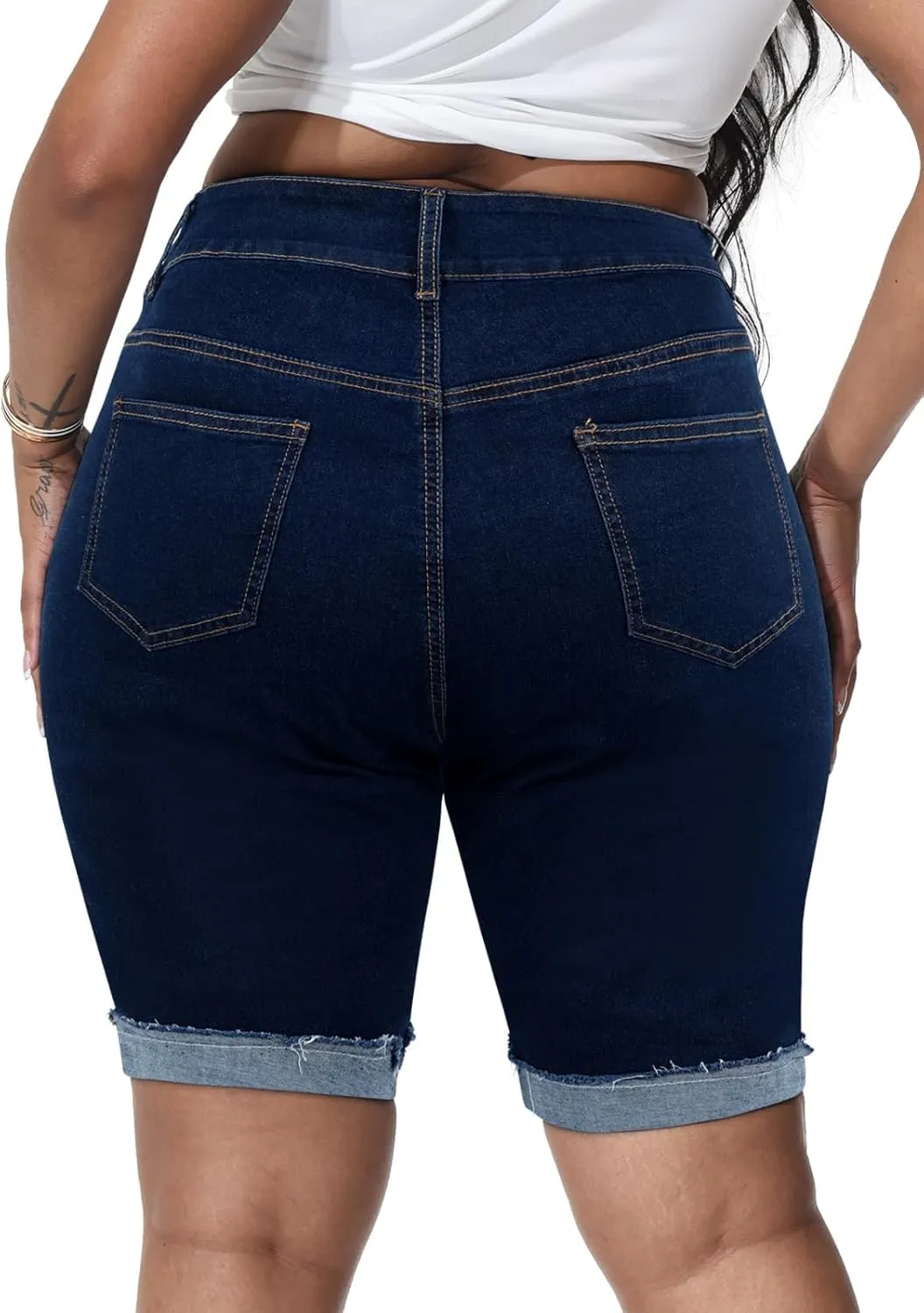 Womens Plus Size Jean Shorts Stretchy High Waisted Ripped Roll Hem Denim Bermuda Shorts 10" Inseam