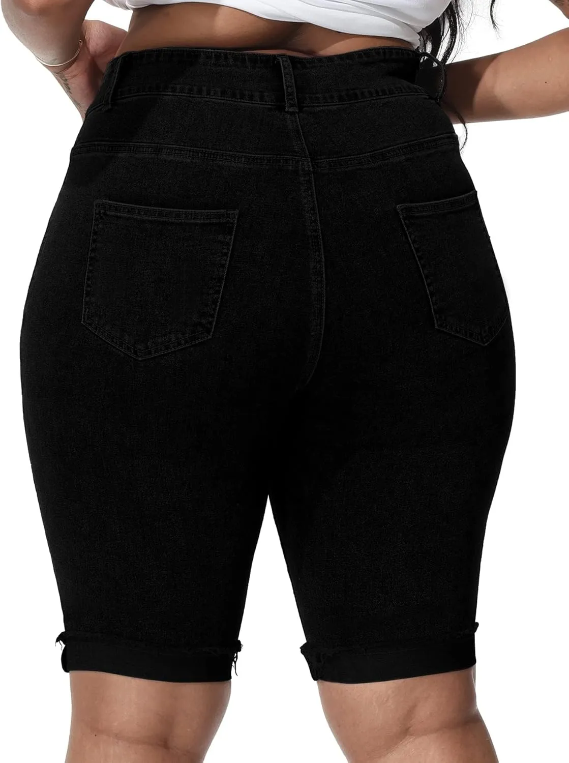 Womens Plus Size Jean Shorts Stretchy High Waisted Ripped Roll Hem Denim Bermuda Shorts 10" Inseam