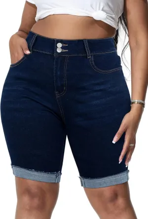 Womens Plus Size Jean Shorts Stretchy High Waisted Ripped Roll Hem Denim Bermuda Shorts 10" Inseam