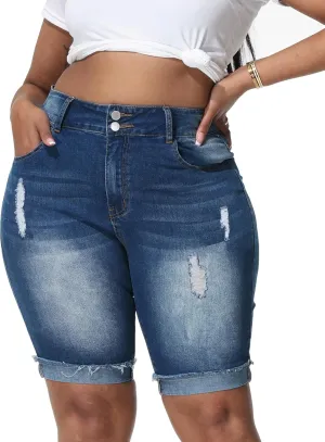 Womens Plus Size Jean Shorts Stretchy High Waisted Ripped Roll Hem Denim Bermuda Shorts 10" Inseam