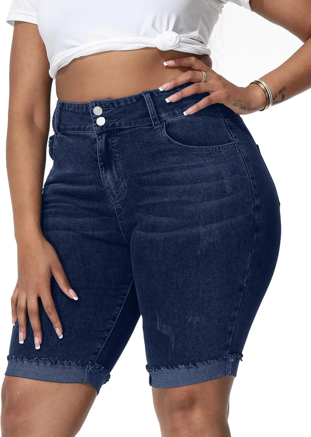 Womens Plus Size Jean Shorts Stretchy High Waisted Ripped Roll Hem Denim Bermuda Shorts 10" Inseam