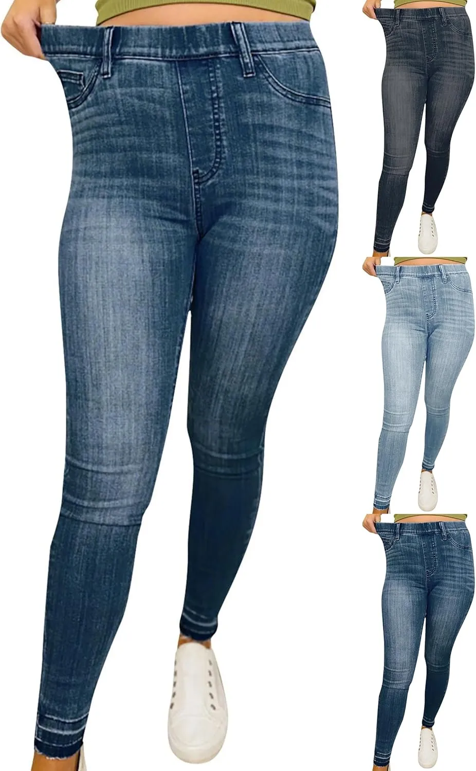 Women's Pull on Elastic High Waisted Skinny Jeans Plus Size Casual Slim Fit Stretchy Denim Pants with Pockets