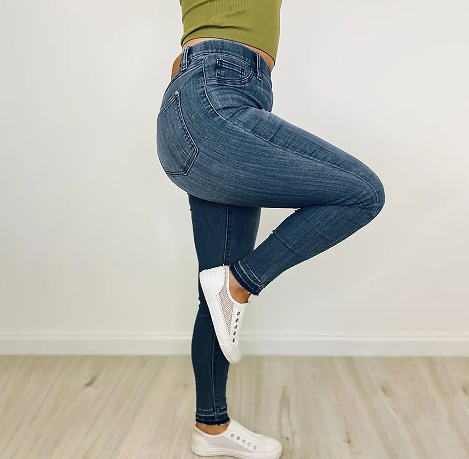 Women's Pull on Elastic High Waisted Skinny Jeans Plus Size Casual Slim Fit Stretchy Denim Pants with Pockets