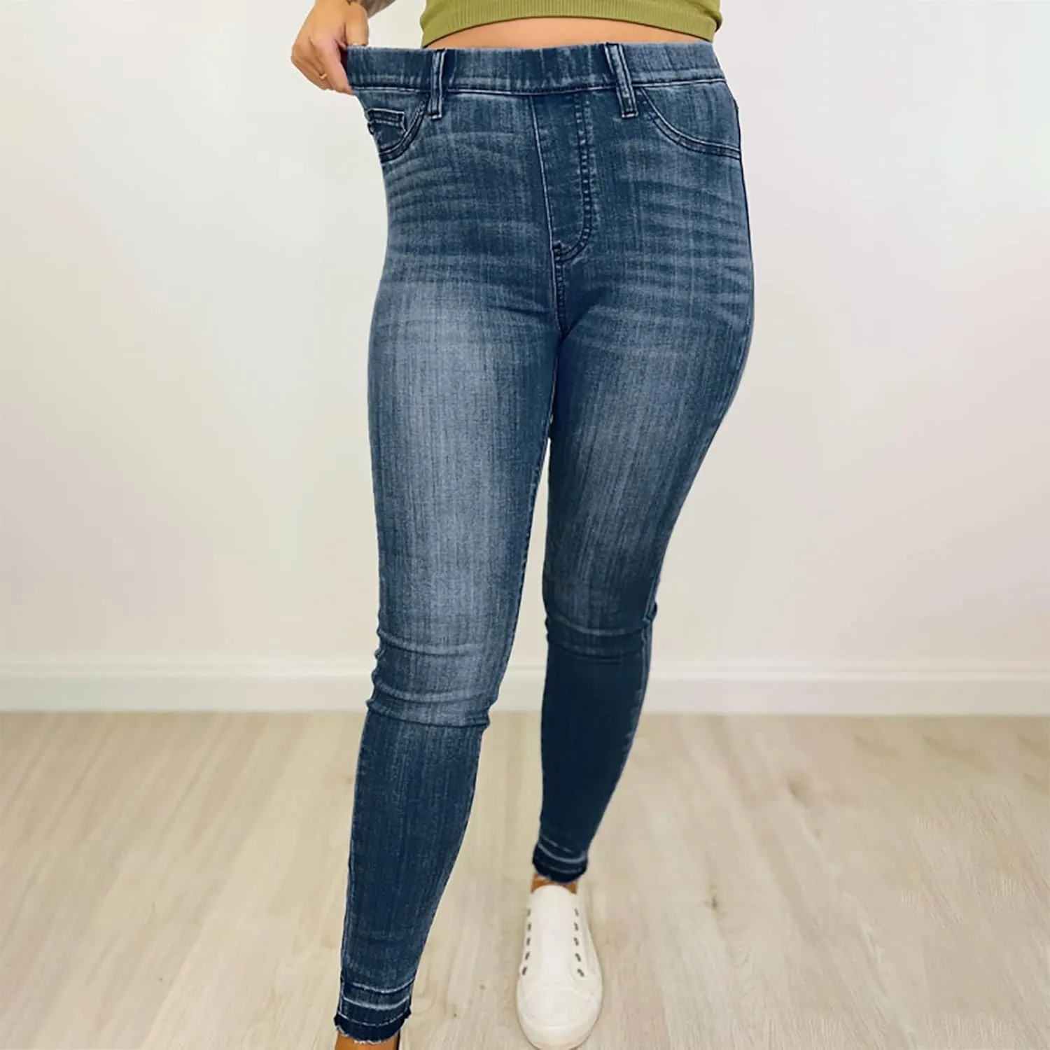 Women's Pull on Elastic High Waisted Skinny Jeans Plus Size Casual Slim Fit Stretchy Denim Pants with Pockets