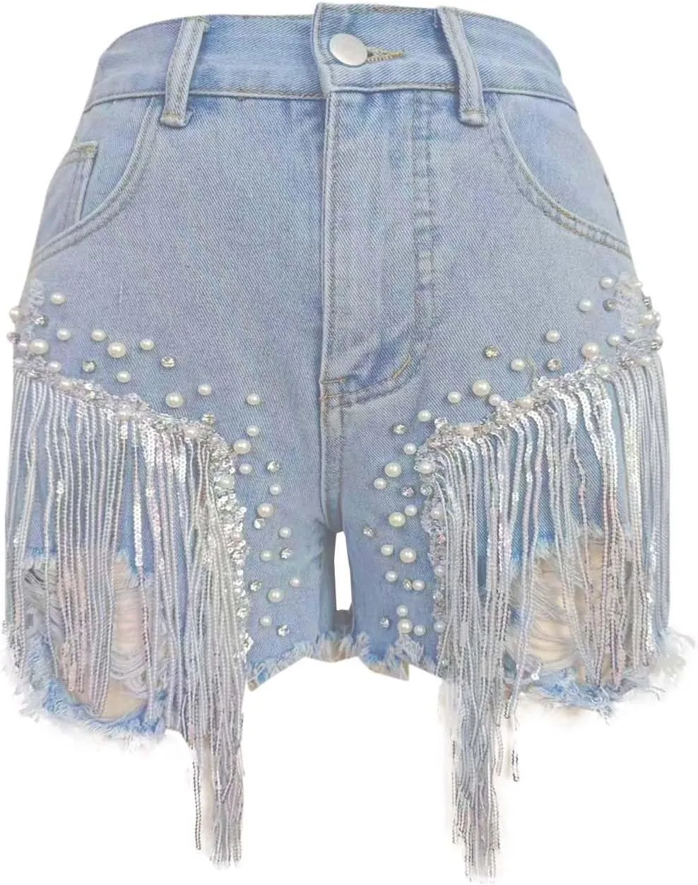 Womens Rhinestone Denim Shorts High Waist Layered Tassel Chains Distressed Ripped Jeans Casual Baggy Jean with Pocket