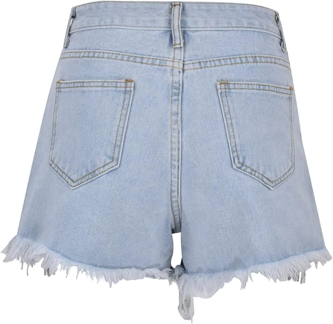 Womens Rhinestone Denim Shorts High Waist Layered Tassel Chains Distressed Ripped Jeans Casual Baggy Jean with Pocket