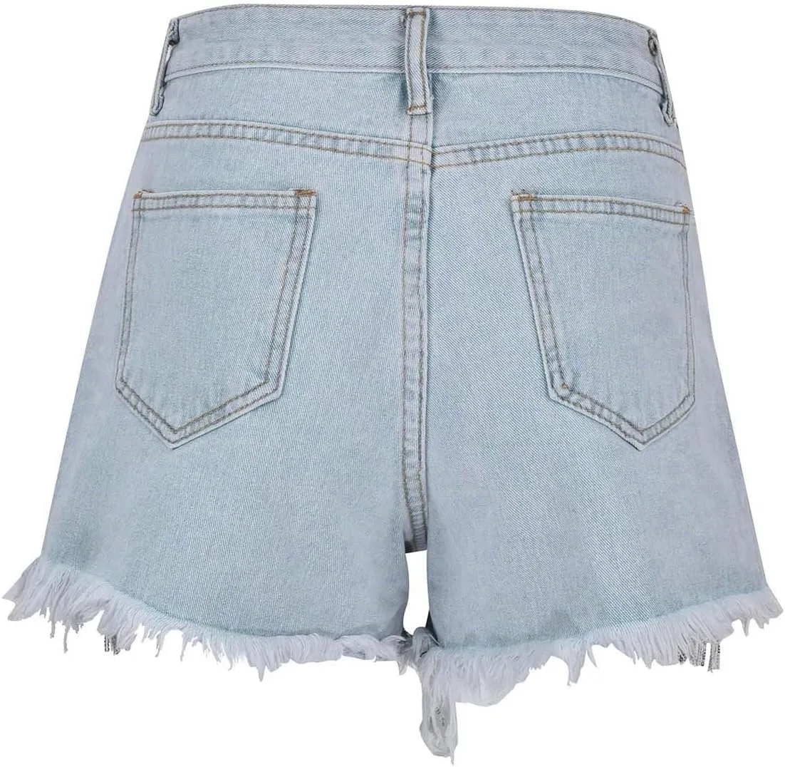 Womens Rhinestone Denim Shorts High Waist Layered Tassel Chains Distressed Ripped Jeans Casual Baggy Jean with Pocket