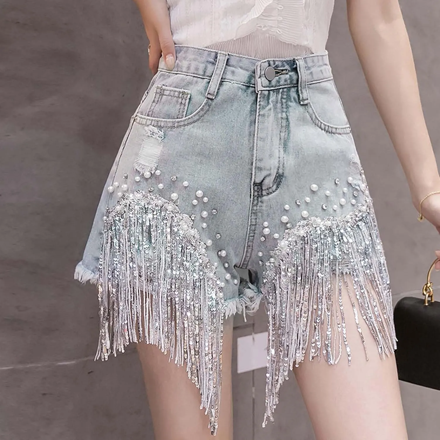 Womens Rhinestone Denim Shorts High Waist Layered Tassel Chains Distressed Ripped Jeans Casual Baggy Jean with Pocket