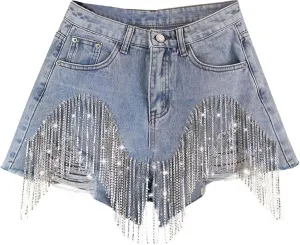 Womens Rhinestone Denim Shorts High Waist Layered Tassel Chains Distressed Ripped Jeans Casual Baggy Jean with Pocket