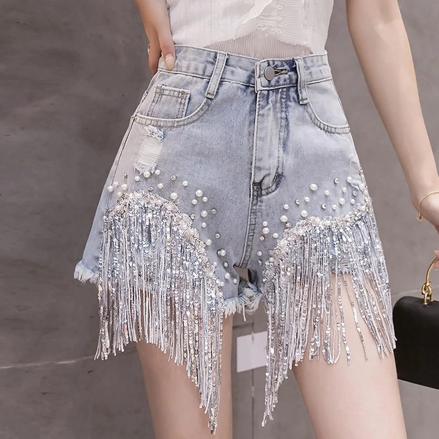 Womens Rhinestone Denim Shorts High Waist Layered Tassel Chains Distressed Ripped Jeans Casual Baggy Jean with Pocket