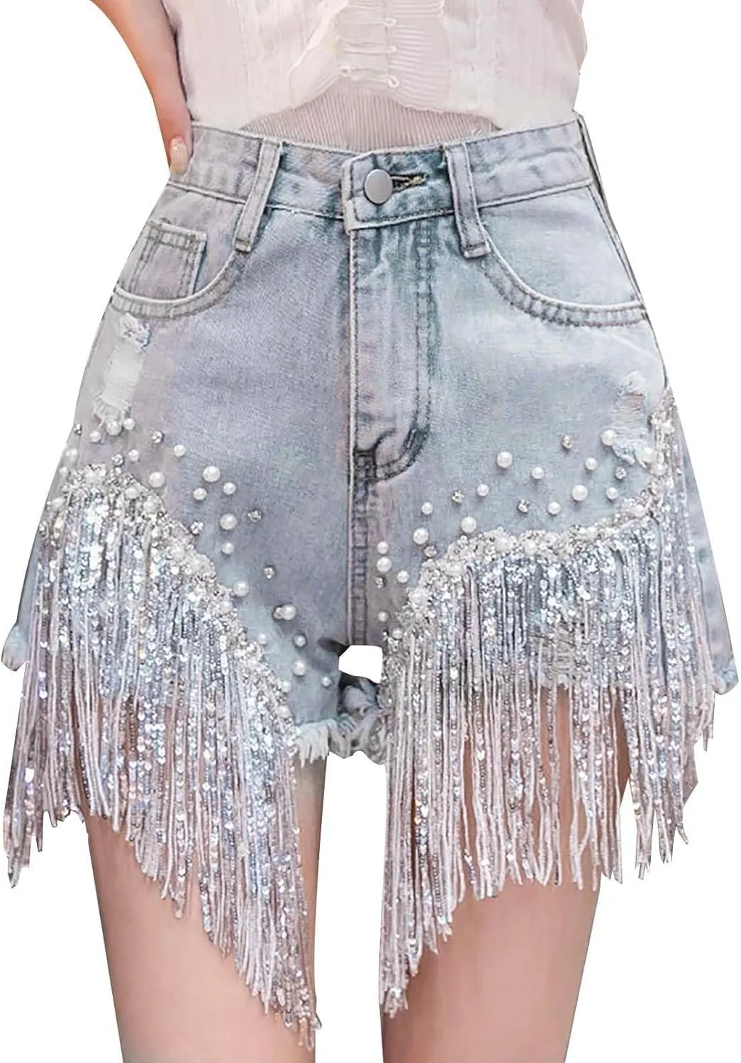Womens Rhinestone Denim Shorts High Waist Layered Tassel Chains Distressed Ripped Jeans Casual Baggy Jean with Pocket