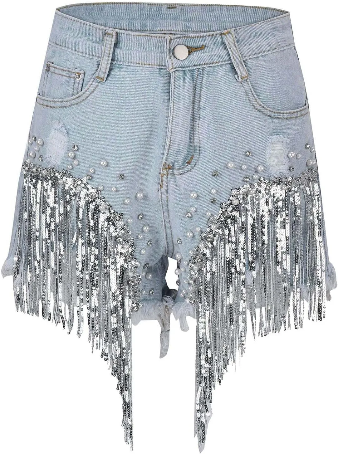 Womens Rhinestone Denim Shorts High Waist Layered Tassel Chains Distressed Ripped Jeans Casual Baggy Jean with Pocket