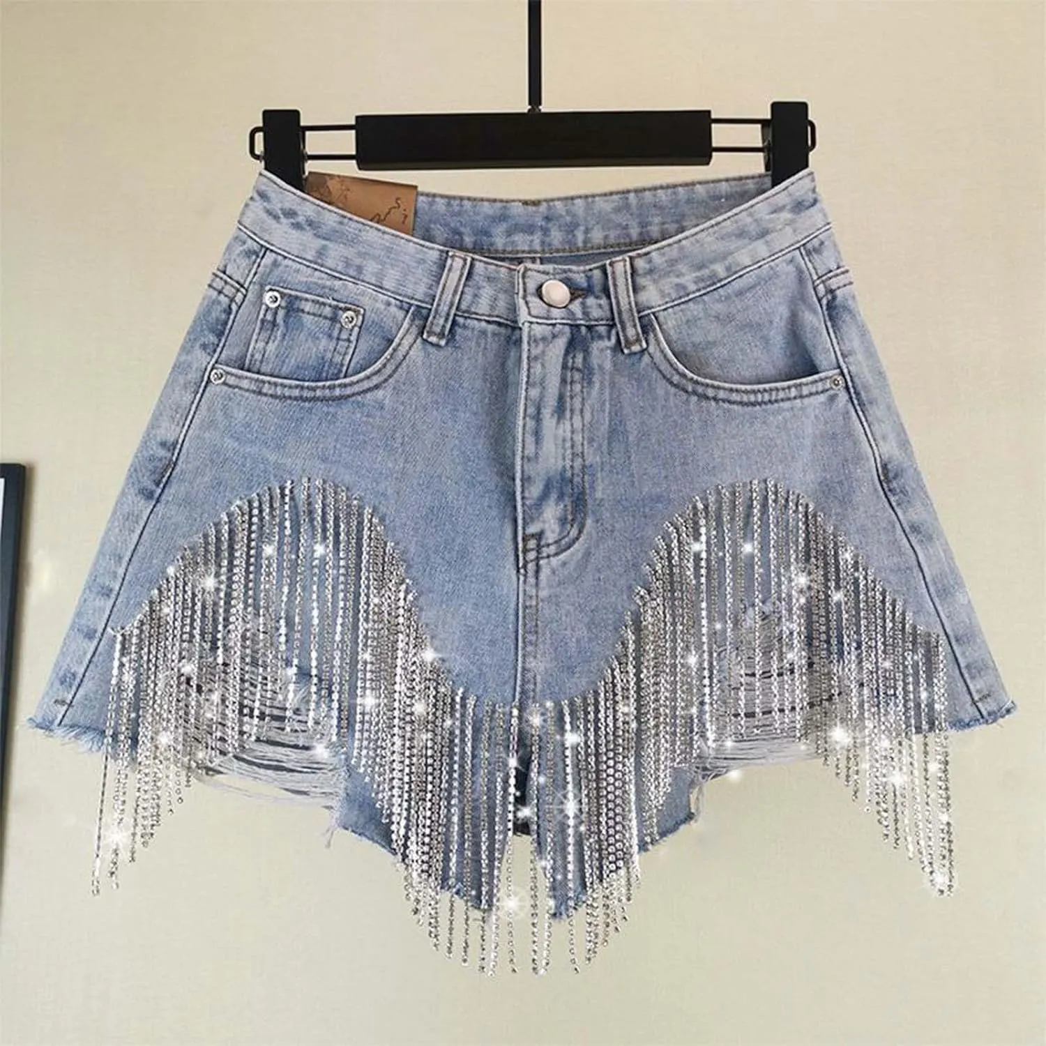 Womens Rhinestone Denim Shorts High Waist Layered Tassel Chains Distressed Ripped Jeans Casual Baggy Jean with Pocket