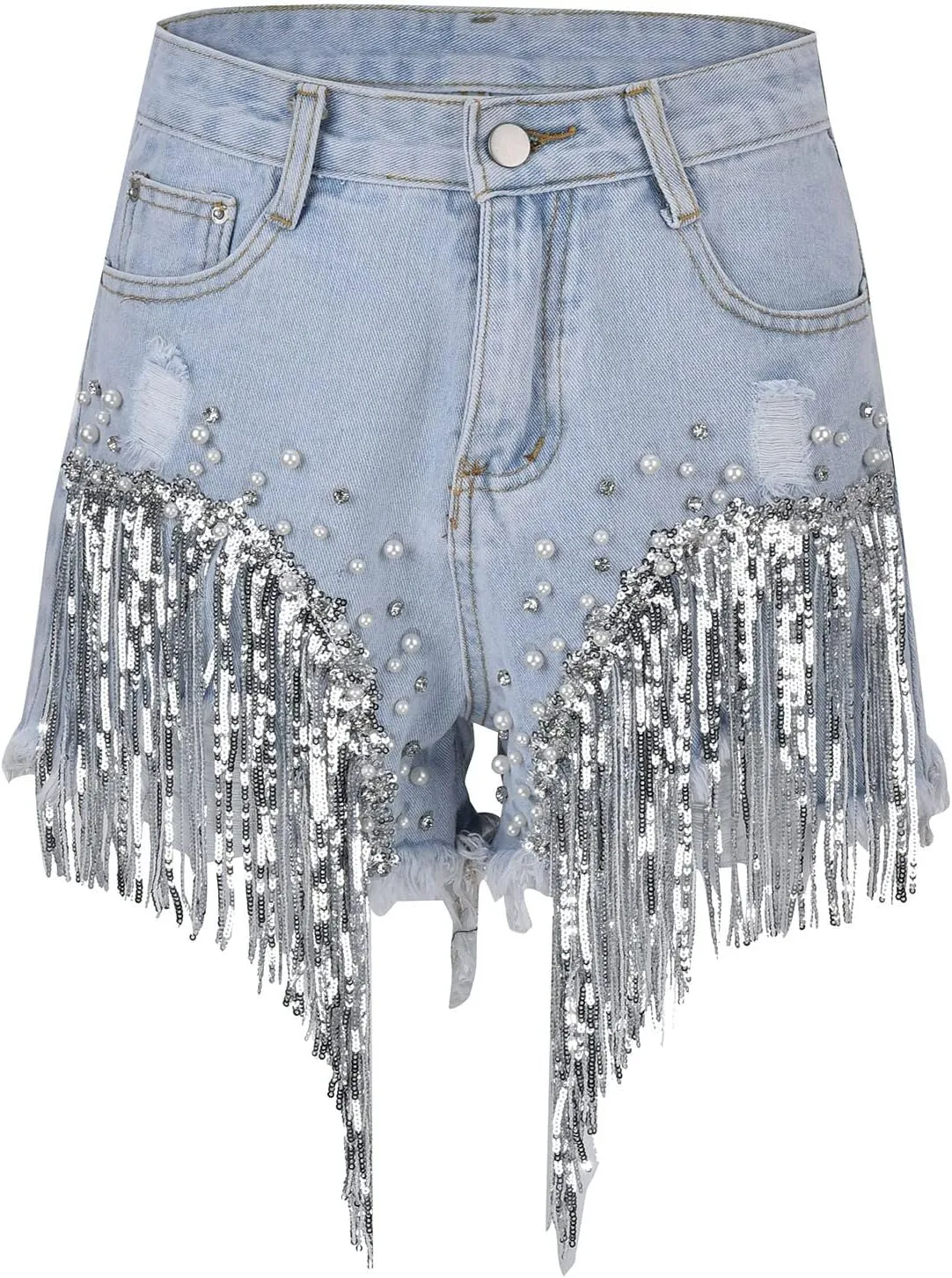 Womens Rhinestone Denim Shorts High Waist Layered Tassel Chains Distressed Ripped Jeans Casual Baggy Jean with Pocket