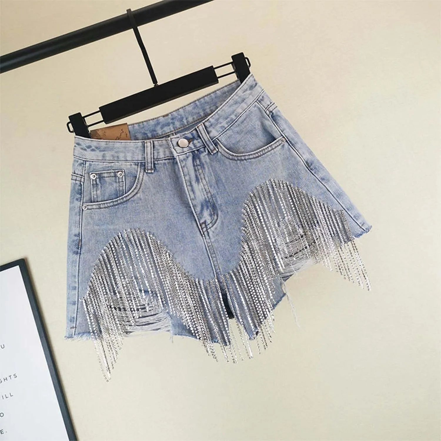 Womens Rhinestone Denim Shorts High Waist Layered Tassel Chains Distressed Ripped Jeans Casual Baggy Jean with Pocket