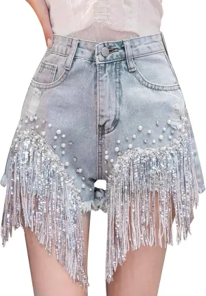 Womens Rhinestone Denim Shorts High Waist Layered Tassel Chains Distressed Ripped Jeans Casual Baggy Jean with Pocket