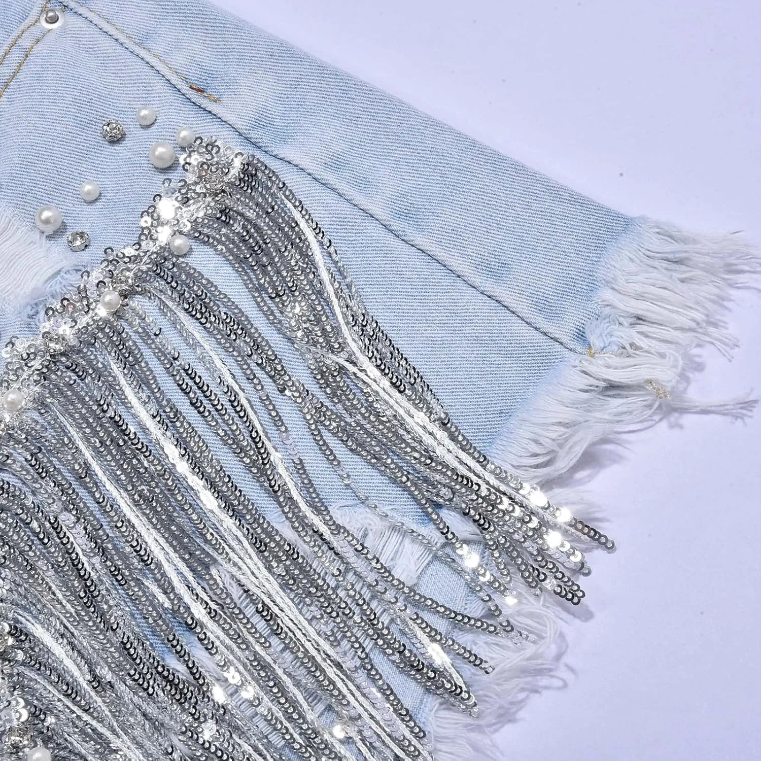 Womens Rhinestone Denim Shorts High Waist Layered Tassel Chains Distressed Ripped Jeans Casual Baggy Jean with Pocket