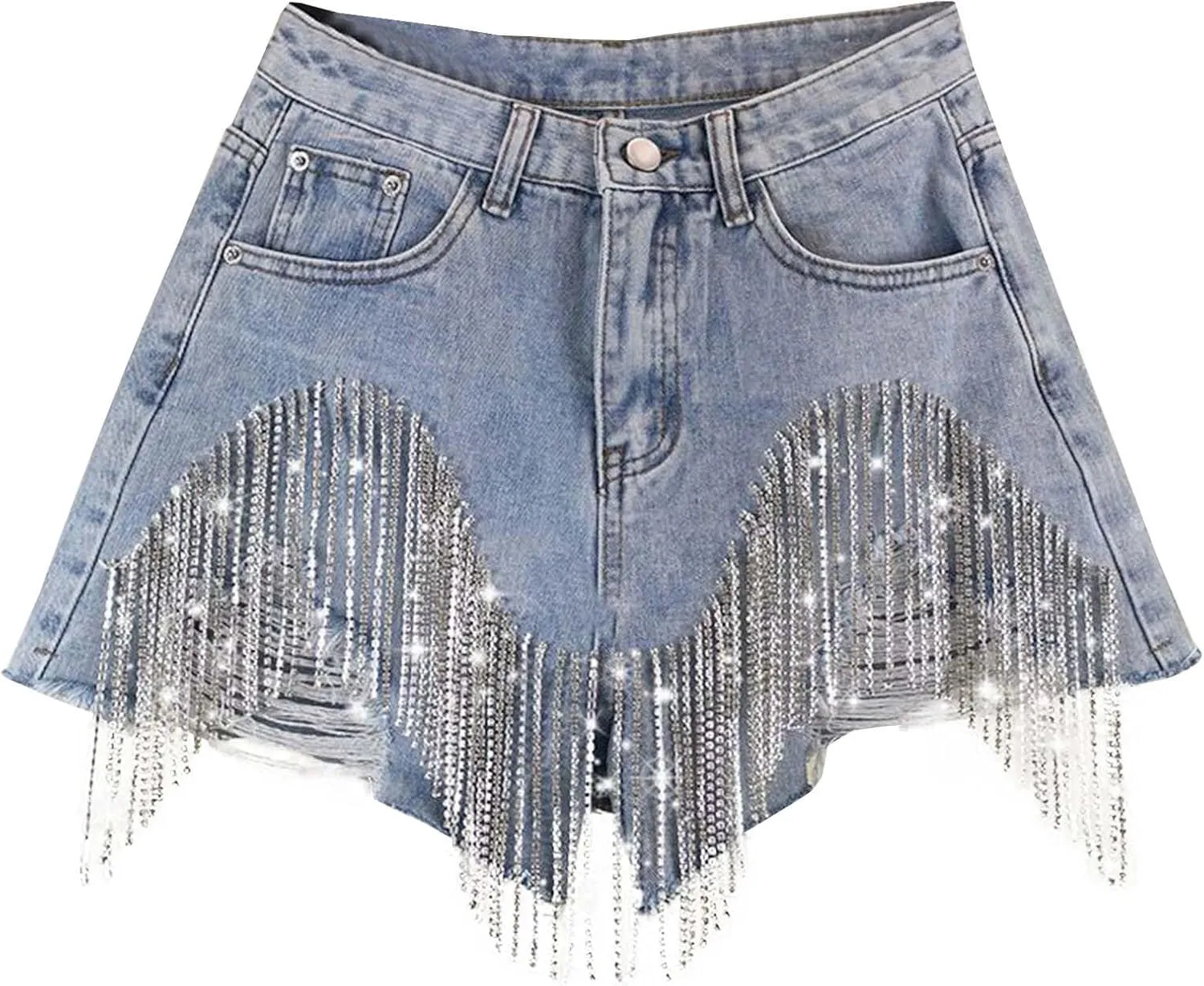 Womens Rhinestone Denim Shorts High Waist Layered Tassel Chains Distressed Ripped Jeans Casual Baggy Jean with Pocket