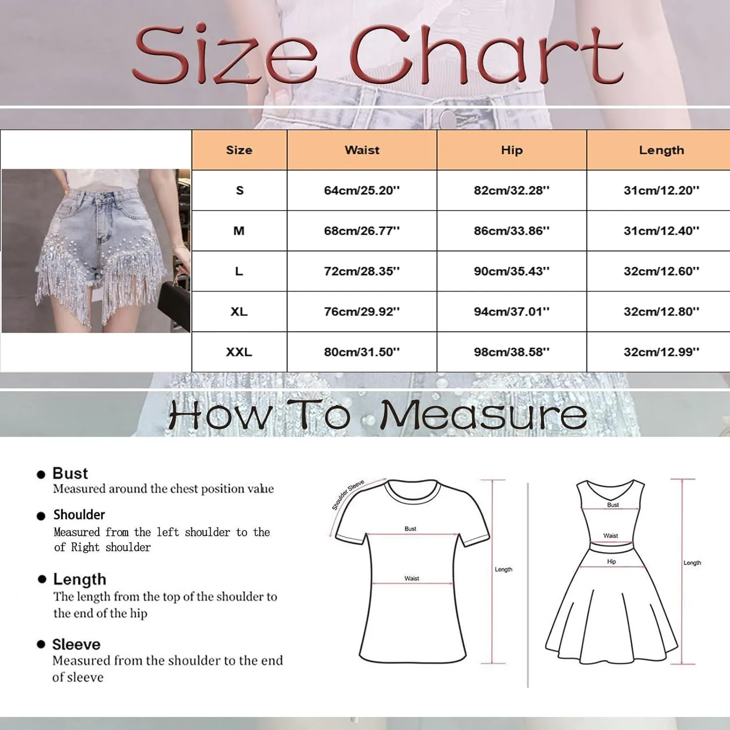 Womens Rhinestone Denim Shorts High Waist Layered Tassel Chains Distressed Ripped Jeans Casual Baggy Jean with Pocket