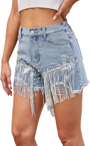 Womens Rhinestone Denim Shorts High Waist Layered Tassel Chains Distressed Ripped Jeans Casual Baggy Jean with Pocket