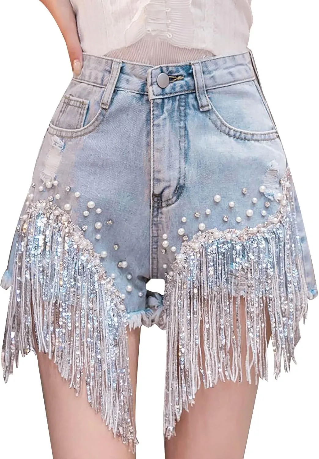 Womens Rhinestone Denim Shorts High Waist Layered Tassel Chains Distressed Ripped Jeans Casual Baggy Jean with Pocket