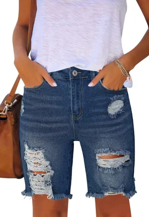 Women's Ripped Mid-Rise Denim Bermuda Shorts Frayed Raw Hem Stretch Jean Shorts