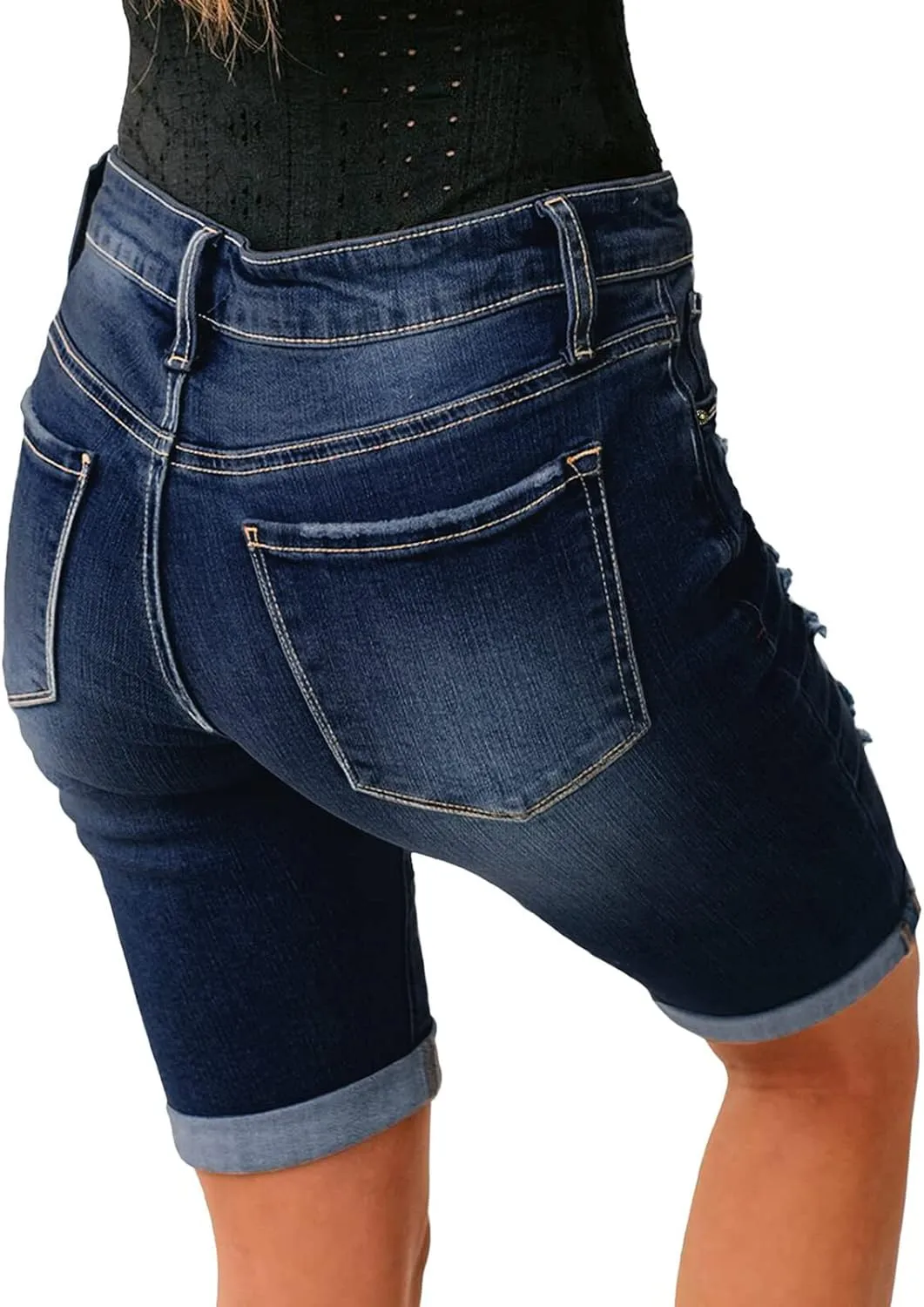 Women's Ripped Mid-Rise Denim Bermuda Shorts Frayed Raw Hem Stretch Jean Shorts