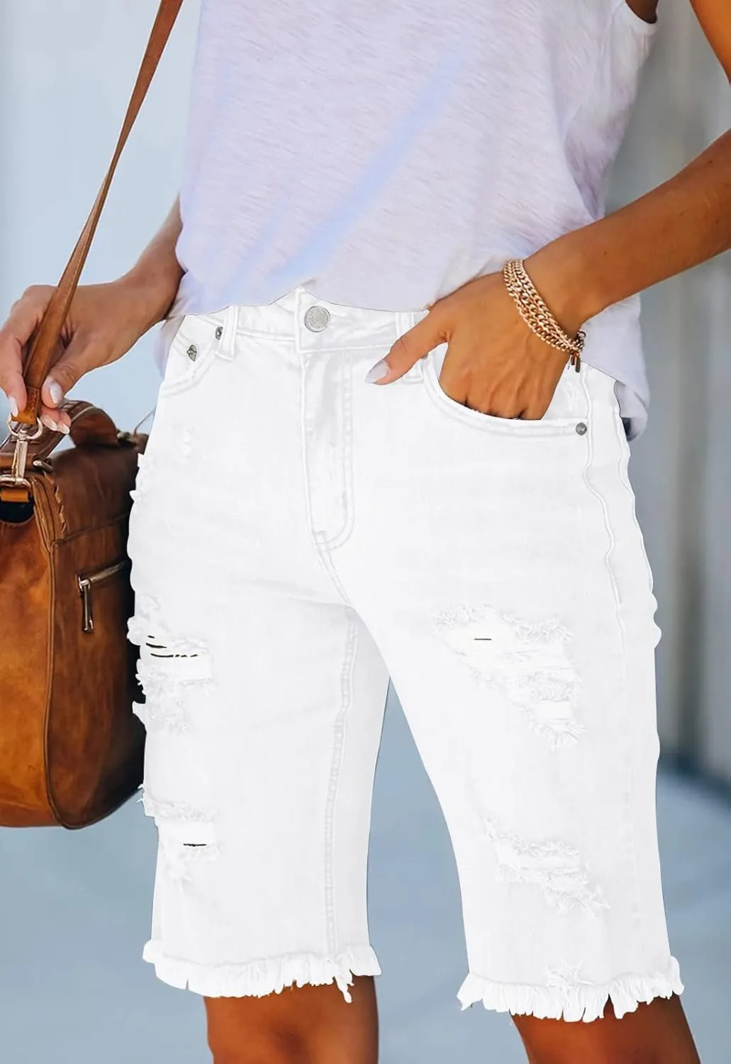 Women's Ripped Mid-Rise Denim Bermuda Shorts Frayed Raw Hem Stretch Jean Shorts